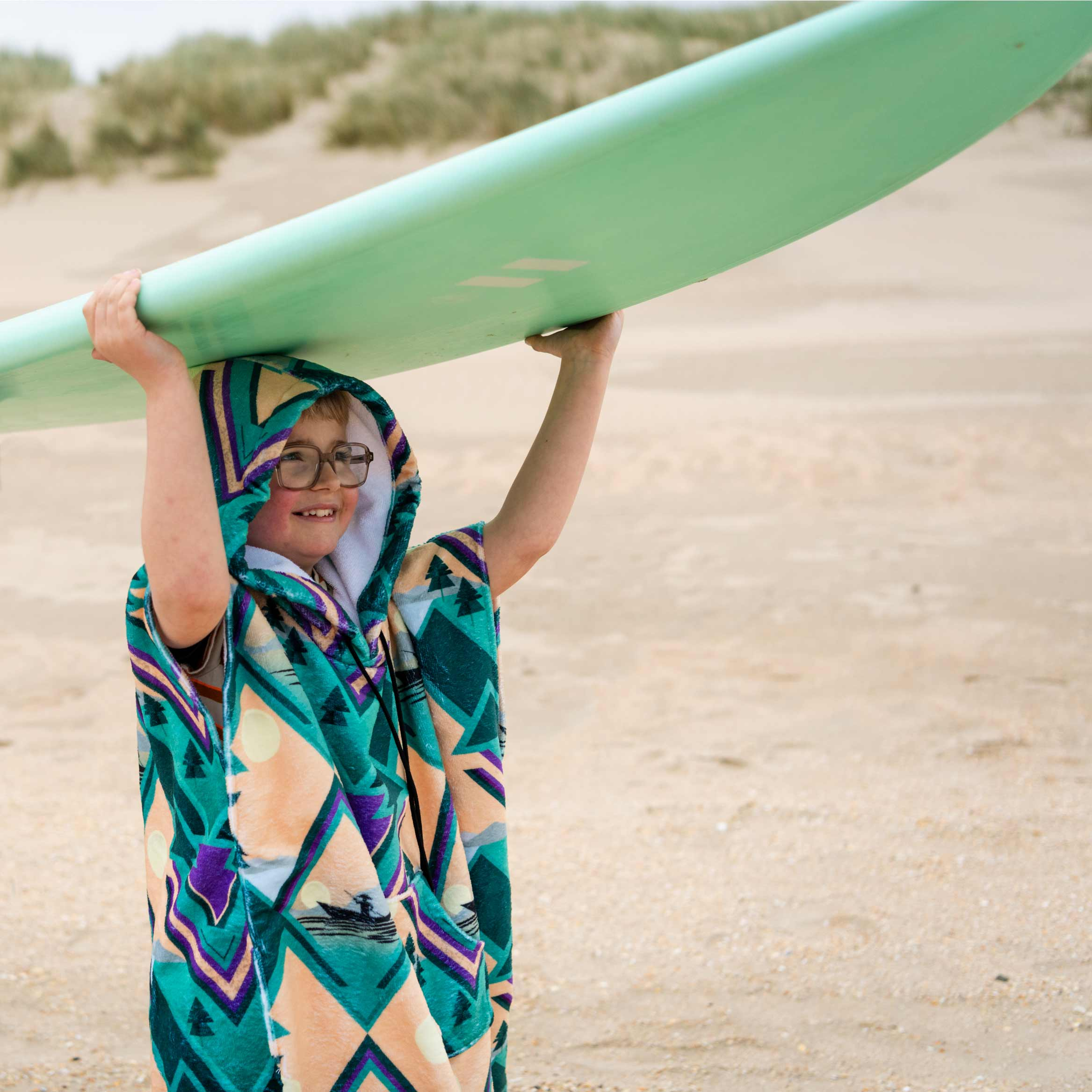 junior surf ponchos, changing towel, longboard