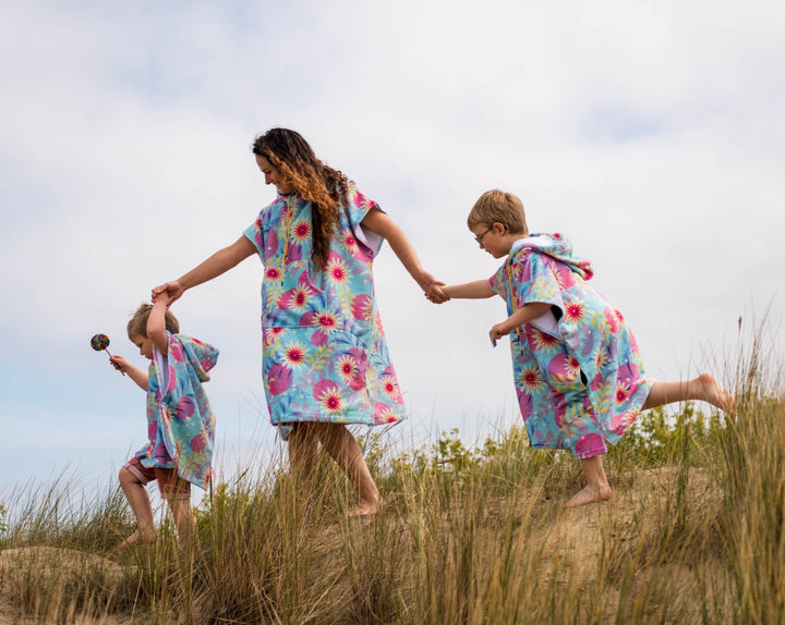 Flower surf ponchos kids junior adult family beach playful accessory 